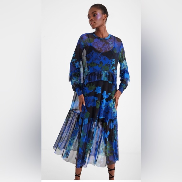 Desigual Dresses & Skirts - Desigual Floral Mesh Layered Midi Dress Blue Black Size L NWT